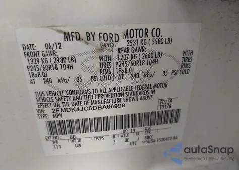 2013 Ford Edge Sel из США, поврежденный, VIN 2FMDK4JC6DBA66998